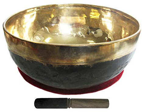 Bengali KLANGSCHALE 2000-2100g Handarbeit 3-tlg Set mit Zubehör. Gold schwarze Schale + Klangschalenkissen + Klöppel (Holz-Leder). 81600-13