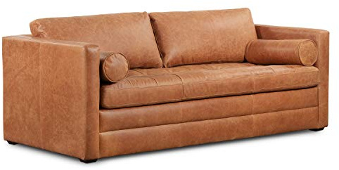 POLY & BARK Napa 82 Leather Pull‑Out Sleeper Sofa – Full‑Grain Italian Leather Upholstery,Tri‑Layer Mattress & Storage Console –Sophisticated Multi‑Functional Sofa Bed for Living Rooms & Guest Spaces