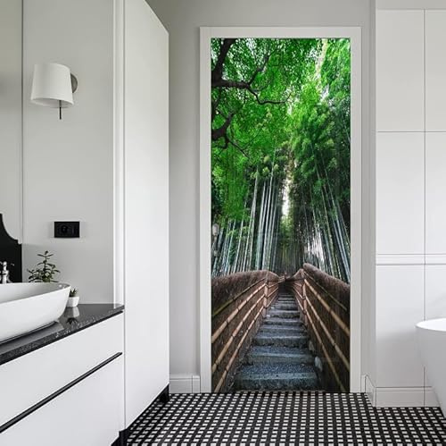 FLFK Peel and Stick Door Sticker 77x200cm-3D Path in a Forest of Bamboo Self-Adhesive Door Mural Poster Photo Wallpaper for Bedroom Office Decor(2Pcs/Set)
