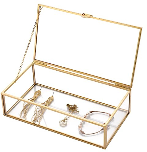 AMGSH 7.8 Golden Vintage Glass Keepsake Box | Jwelry Lidded Box Decorative Glass Golden Boxes for Display,Clear Rectangle Box Rings Bracelet Earring Organizer (7.8 x 4.3 x 2.3inch)