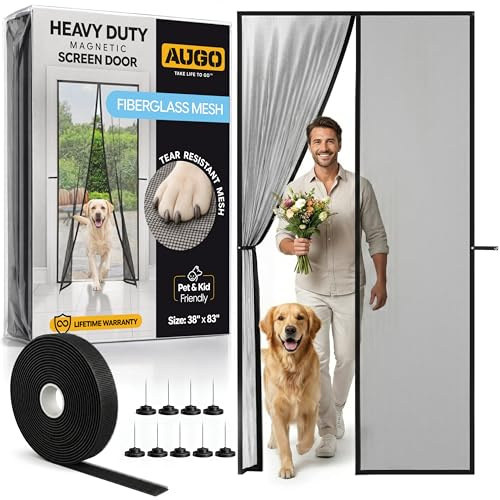 AUGO Magnetic Fiberglass Screen Door - Self Sealing, Heavy Duty, Hands Free Mesh Partition Keeps Bugs Out - Door Screen Magnetic Closure - Patent Pending Keep Open Feature - 38 Inch x 83 Inch