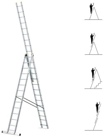 Echelle transformable 3 plans StablePro 3x14 marches aluminium extensible coulissante, 6 positions, hauteur travail max 9,62m, garantie 5 ans, Hostrom