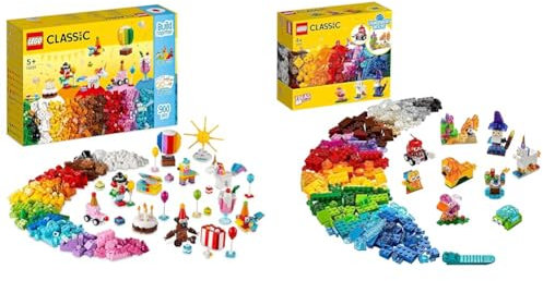 LEGO 11029 Classic Party Kreativ-Bauset Bausteine-Box, Familienspiele zum gemeinsamen Spielen & 11013 Classic Kreativ-Bauset mit durchsichtigen Steinen, mit Löwe