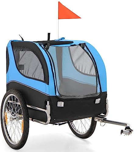 PETSITE Dog Bike Trailer, Dog Cart for Bicycle with 3 Breathable Mesh Entrances, Easy Folding Pet Carrier with Quick Release Wheels, Pet Bike Trailer for Small & Medium Sized Dogs (Blue)