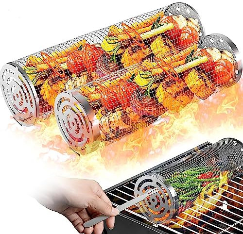 Grillkorb 2 Stück, Edelstahl Grillkorb Zylindrischer BBQ Mit Gabeln für Camping, Außengrill Gemüse Pommes Fleisch, Grillgitter Picknick Kochgeschirr 10x10x30 cm
