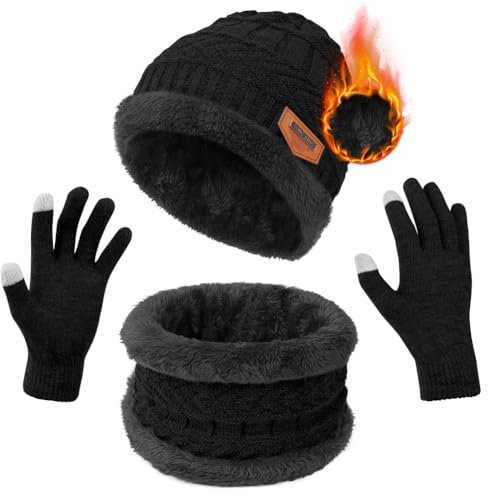 flintronic Bonnet Écharpe et Gants à Écran Tactile, Tricotés Ensemble d'hiver Bonnet écharpe Gants d'écran Tactile Homme Femme, Ensemble Chauds d'hiver 3en1 avec Double Polaire Chaud Écharpe Chapeau