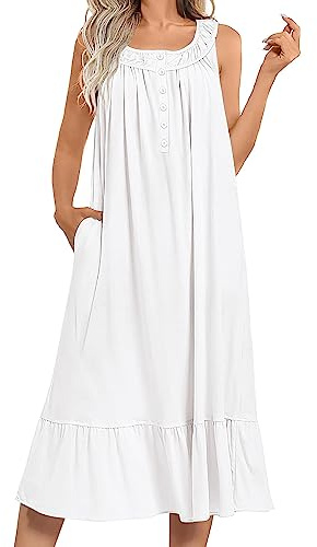Ekouaer Women's Nightgowns Long Sleeveless Night gown with Pockets Soft Ladies Nightdress White