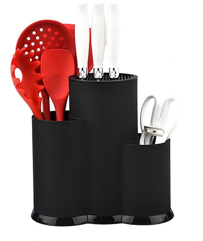 Ceppo Vuoto di Coltelli Multifunzione, 3 in 1 Portacoltelli Rotondo Universale, Blocco Coltelli Cucina Tondo con Foro Scarico e Fessura per utensili Forbici, Supporto Portaoggetti Salvaspazio - Nero