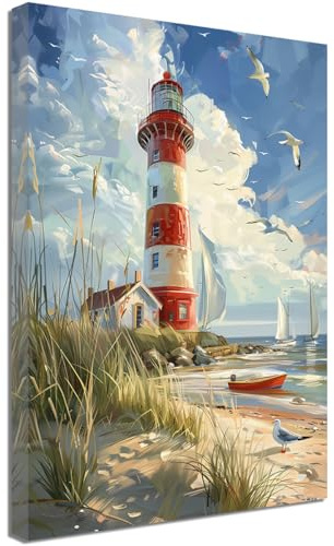 ZQQART Lighthouse Ocean Canvas Wall Art Red Stripes Lighthouse Coastal Picture Painting Beach Ocean Boat Seagulls Picture Rustic Artwork (40x60cm)