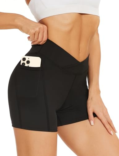 Becellen Pantaloncini Sportivi Donna con Tasche, Vita Alta Pantaloncini Palestra Shorts Opachi Leggins Corti Elasticizzati Ciclisti Shorts per Yoga Gym Fitness