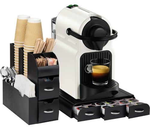 BAKAJI Coffee Station con Contenitore Portacapsule e Cassetto Sotto Macchina Caffè in Plastica Nero, Multiscomparto, Portacialde per Angolo Bar Organizer Organizzatore Porta Capsule Cialde Caffetteria
