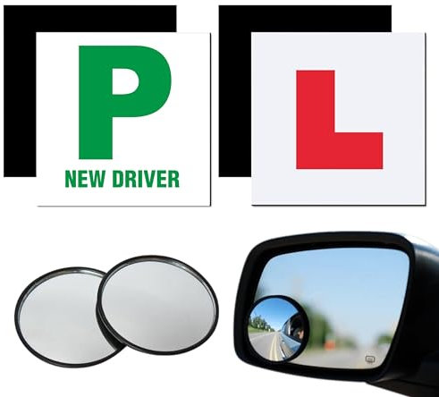 Tek Automotive 6 Pack Magnetic L Plates & P Plates for Car Fully Magnetic Weatherproof Learner Plates, Blind Spot Mirrors for Cars, Stick On Round Mirror Universal Fit, Car Essentials for New Drivers