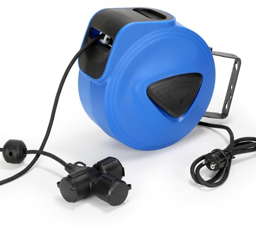 Peviasot Automatik Kabeltrommel Verlängerungskabel 20m + 1.5m mit 3-Fach Anschluss, 180° drehbar, Kabelaufroller Automatisch Stromtrommel Schlauchaufroller, Wand Deckenmontage