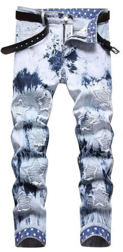 Jeans bianchi Uomo Jeans da uomo 38 Vita Regali di Compleanno Moda Casual Stretch Stampato Tubo Dritto Slim Fit Confortevole Western Denim Pantaloni Mens Jeans Alti, Blu, L