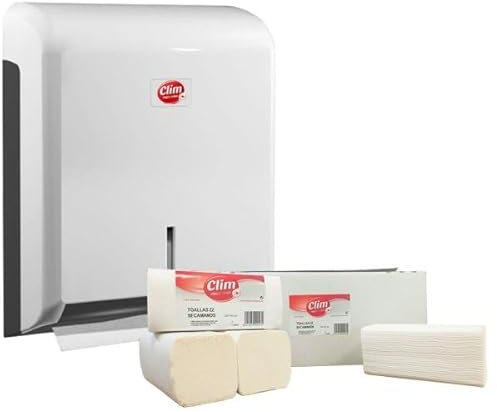 Clim Profesional Pack Dispensador Zig Zag y Caja de 3000 Toallas de Papel Secamanos de Fácil Dispensación y Doble Capa, Súper Absorbentes y Suaves.
