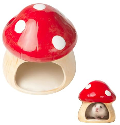 JVHLOV Nascondiglio per Criceti in Ceramica, Casa a Forma di Fungo con Ciotola per Piccoli Animali, Letto Fresco per Criceti Nani, Gerbilli, Cincillà e Criceti Dorati (Pet Nest+Pet Bowl)