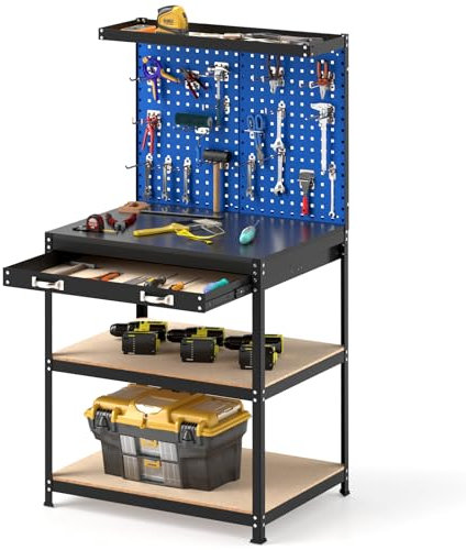 GOPLUS Arbetsbänk med hålvägg, arbetsbord av metall med 225 kg/345 kg lastkapacitet, arbetsbord tung belastning för verkstad, garage och lager (blå, M)