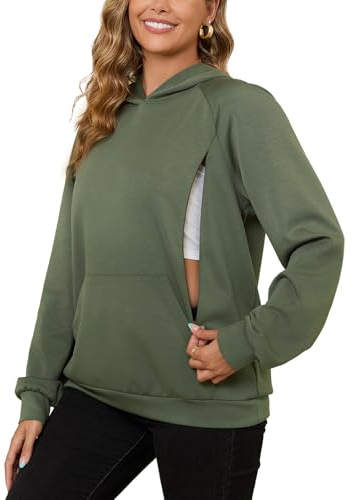 Bhome Nursing Sweatshirt Hoodie for Breastfeeding with Hidden Zippers Maternity Breast Pumping Tops Kangaroo Pocket,Army Green XL