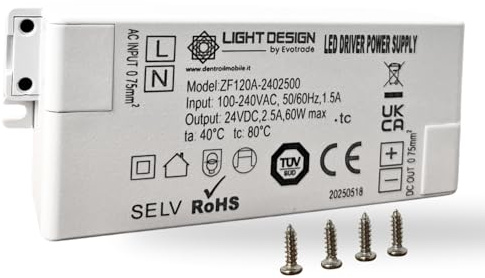 Trasformatore LED 60W, 230V AC–24V DC, 60W max, custodia in plastica, morsetti di connessione, venduto senza cablaggio.