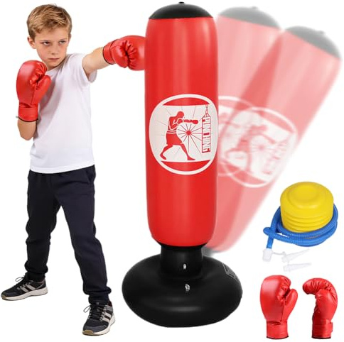 DASIAUTOEM Sac de frappe pour enfants, 160 cm, sur pied, gonflable, avec gants de boxe, sac de frappe pour enfants, cadeau pour garçons et filles, pratique du karaté, du kickboxing, du taekwondo, du