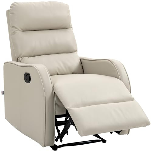 HOMCOM Sillón Relax Reclinable Manual hasta 160° 65x89x100 cm Crema | Sillón Relax, Tapizado en PU, Reposapiés Retráctil, Acolchado Grueso, Butaca Reclinable, Para Salón, Dormitorio