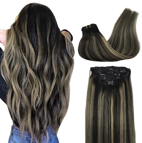 GOO GOO Clip in Hair Extension Real Human Hair Balayage Natural Black to Light Blonde 7pcs 22 Inch 120g Remy Hair Extensions Clip in Gifts for Women Clip in Hair Extensions
