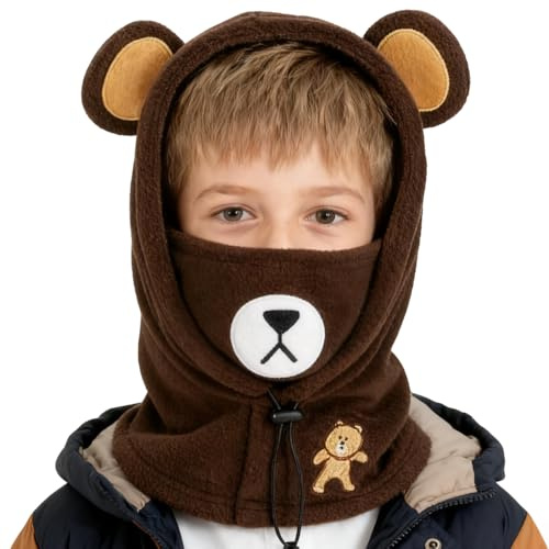 Cagoule Enfants Filles Garçons 3 en 1 Bonnet+Tour de Cou+Masque Bonnet Hiver Epais Chaud Anti-Vent Capuche Balaclava Confortable Mignon Motif d'animaux pour Cyclisme Vélo Sports en Plein air 5-13ans