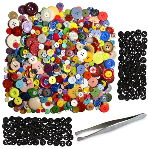 1000 Pcs + 200pcs Extra Assorted Round Buttons, 0.6-3cm Mixed Colours, Multi-Styles Resin Buttons. Ideal for Crafts, Kids DIY Project, Painting
