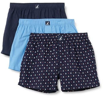 Nautica Men's Cotton Woven 3 Pack Boxer Shorts, Peacoat/Aero Blue/Anchor, Large