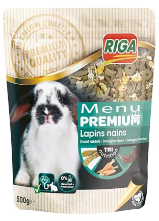 Riga Premiummeny, foder för dvärgkaniner - Blandning av frön, spannmål, frukt och grönsaker - Tri-Nutrition-koncept - Rik på vitaminer och mineraler – 500 g