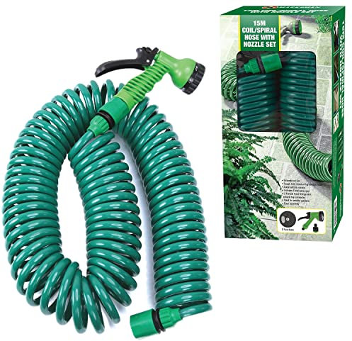 Lecxin Retractable Garden Coil Hose Pipe Expandable 7 Function Water Spray Gun Flexible Plant & Flower Watering Patio Decking Cleaning (10M), Green