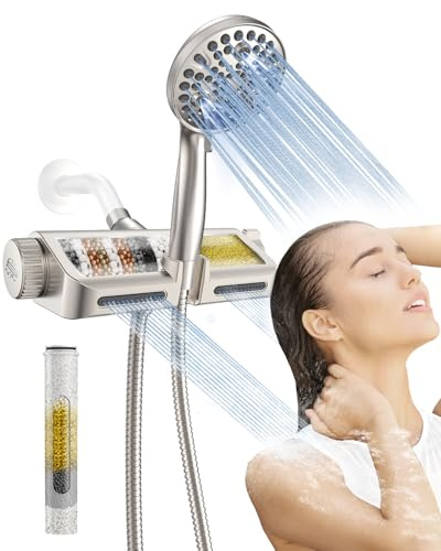 MakeFit Filtered Shower Head with Handheld Combo Brushed Nickel - Dual 2-in-1 Spa System with Massage Shower Head and 10 Modes Hand Held Showerhead, High Pressure, Buit in Power Wash Mode