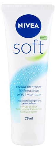 NIVEA Soft Tubo 75 ml, Crema idratante corpo, viso e mani dalla texture leggera ad assorbimento rapido, Crema multiuso arricchita con Vitamina E e Olio di Jojoba per una pelle fresca e luminosa