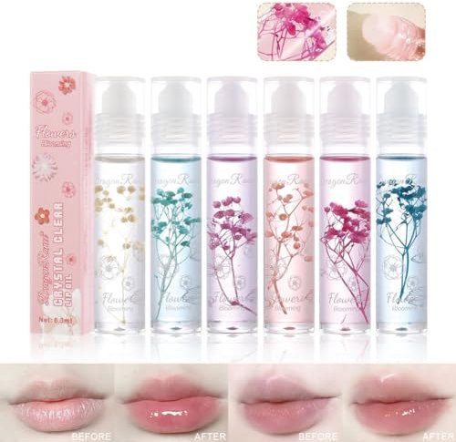 di lucidalabbra roll on Set 6 confezioni di olio di gelatina floreale per labbra idratante a lunga durata con fiori reali trucco lucido per labbra secche e screpolate