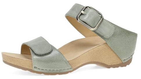 Dansko Tanya Slip-On Wedge Sandal for Women - Cushioned, Contoured Footbed for All-Day Comfort and Support - Hook & Loop Strap with Buckle Detail - Lightweight Rubber Outsole Sage 7.5-8 M US