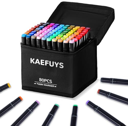 KAEFUYS Pennarelli 80 Colori, Marcatore Doppia Punta Fine e Larga, Pennarelli ad Alcool Professionale Impermeabile con Base e Borsa per Disegno, Illustrazione e Colorazione