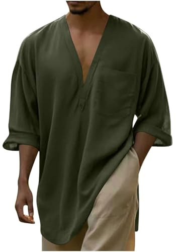 Dyhxuan T-shirt surdimensionné pour homme - Manches mi-longues - Couleur unie - En coton - Col en V - Décontracté - Décontracté - Léger - Pour l'été, la plage, les vacances, Vert armée., L