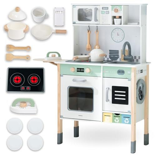 mamabrum Kinderküche Holz mit Waschmaschine & Sound-Mikrowelle – Spielküche ab 3 Jahre mit Zubehör, Kreidetafel & Kaffeemaschine – Interaktive Küche für Kinder, Höhenverstellbar, Robust & Lernfördernd