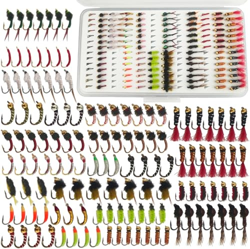 L PATTERN Set di 134 esche per pesca a mosca, per trote con scatola per mosche, mosche asciutte e bagnate, ninfe, streamers, popper