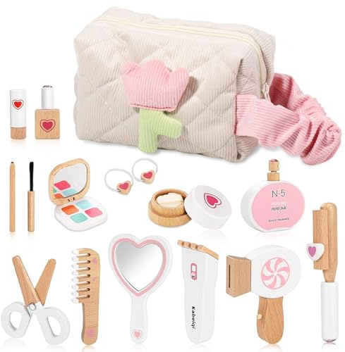 Set Maquillaje de Madera Niña, Set Maquillaje Niñas, Accesorios Tocador Infantil, Juguete de Madera Juego de rol 16 Piezas, Cumpleaños para Niñas de 3, 4, 5 Años en Adelante