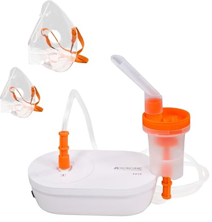 Mobiclinic®, Nebulizador, Adultos y Niños, Boquilla y 2 Mascarillas, Velocidad Máxima 0,2 ml/min, Silencioso, Volumen 3.9 ml, Portátil, Asma, Alergias, Nebumobi2