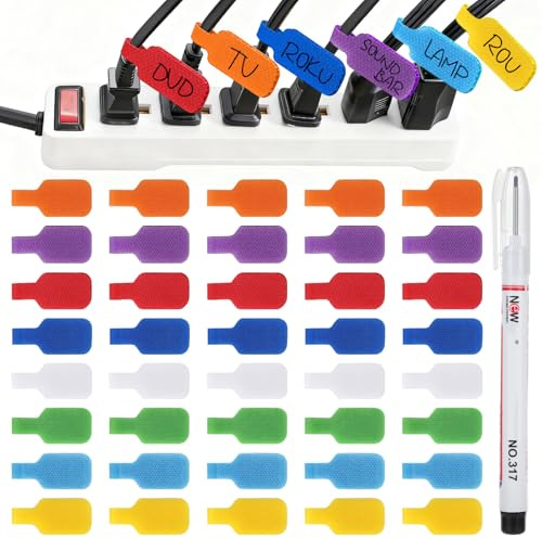 Lot de 40 étiquettes de câble en nylon autocollantes réutilisables - Marquage de câble multicolore avec marqueur - Étiquette de câble inscriptible pour identifier les câbles