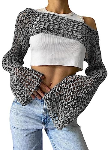LSTTBO Costume da bagno da donna in rete trasparente svasato t-shirt scavata all'uncinetto costume da bagno copricostume da bagno bikini crop top traforato bikini pullover camicia da spiaggia