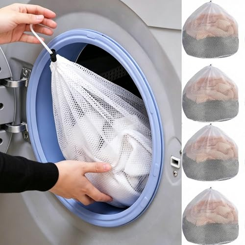 4 Pack Mesh Laundry Bags, Drawstring Lock Washing Machine Net Laundry Bags 30x40cm, Wash Bags for Delicates, Bras, Underwear, Socks, Baby Clothes, Travel Dorm Lingerie (white)