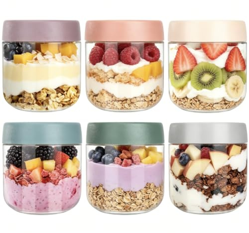 Otauoaea Juego de 6 Overnight Oats Jar, 300ml - Tarros de Cristal con Tapa Hermética - Tarros Avena Nocturna - Frascos de Vidrio con Tapa para Yogur, Mermelada, Cereales