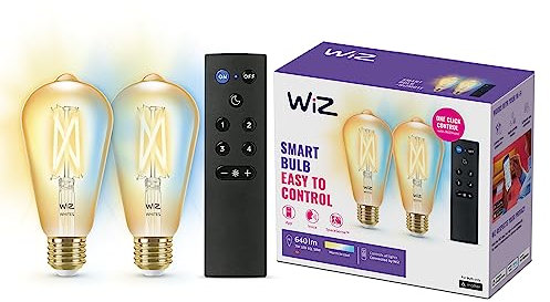 WiZ Tunable White Amber LED Lampen E27 2er Pack (650 lm) inkl. WiZmote Fernbedienung, 50 W Filament Lampen im Vintage Design mit dimmbarem Licht, smarte Lichtsteuerung über WLAN per Stimme/App