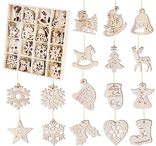 64 Piezas Adornos Navideños de Madera, Decoraciones para Árboles de Navidad, Adornos de 4cm en Forma de Santa Claus, Copo de Nieve, Campana, Alces, Estrellas