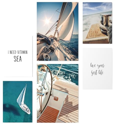 Papierschmiede® Mood Poster Set Segeln, Bilder Wohnzimmer Deko Schlafzimmer, 2x DIN A4 und 4x DIN A5, Meer Wind Ozean Sonne Blau - Wandposter ohne Rahmen