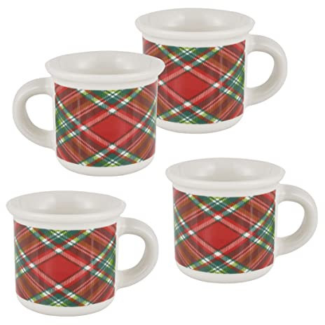 Baroni Home Lot de 4 Tasses à Café en Céramique Fantaisie de Noël, 4 Petites Tasses pour Espresso Colorée en Thème Noël, Set Cadeau Tasses à Café, Fantaisie Tartan, 8x6x6 cm