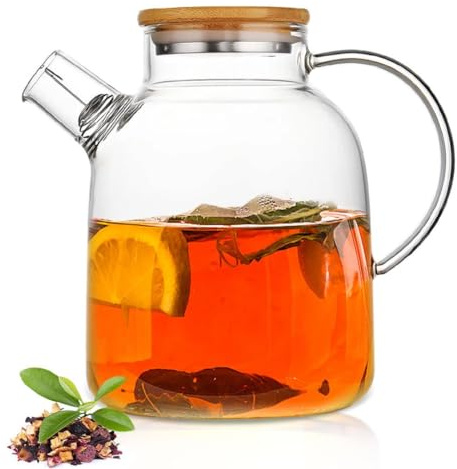 60.8oz Glass Teapot, Stovetop & Microwave Safe Glass Borosilicate Tea Pot,Clear Teapot with Strainer, Glass Tea Kettle with Wooden Lid, Loose Leaf、Fruit Tea and Fragrant Tea